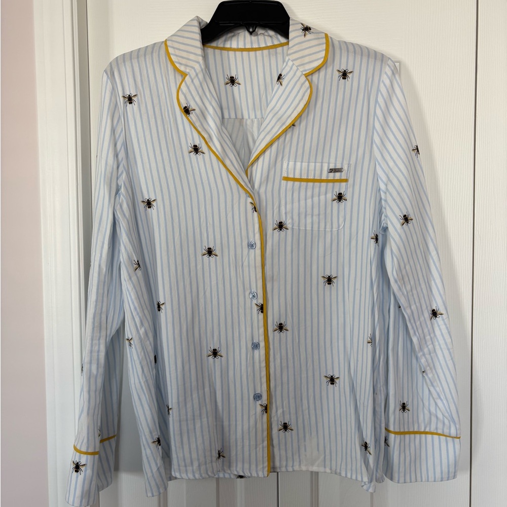 Joules Women's Blue Stripe Bee-Print Pajama Top with Yellow Piping - Size US M